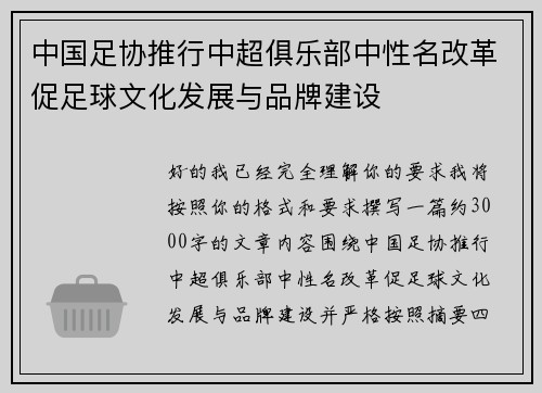 中国足协推行中超俱乐部中性名改革促足球文化发展与品牌建设 中国足协推行中超俱乐部中性名改革促足球文化发展与品牌建设